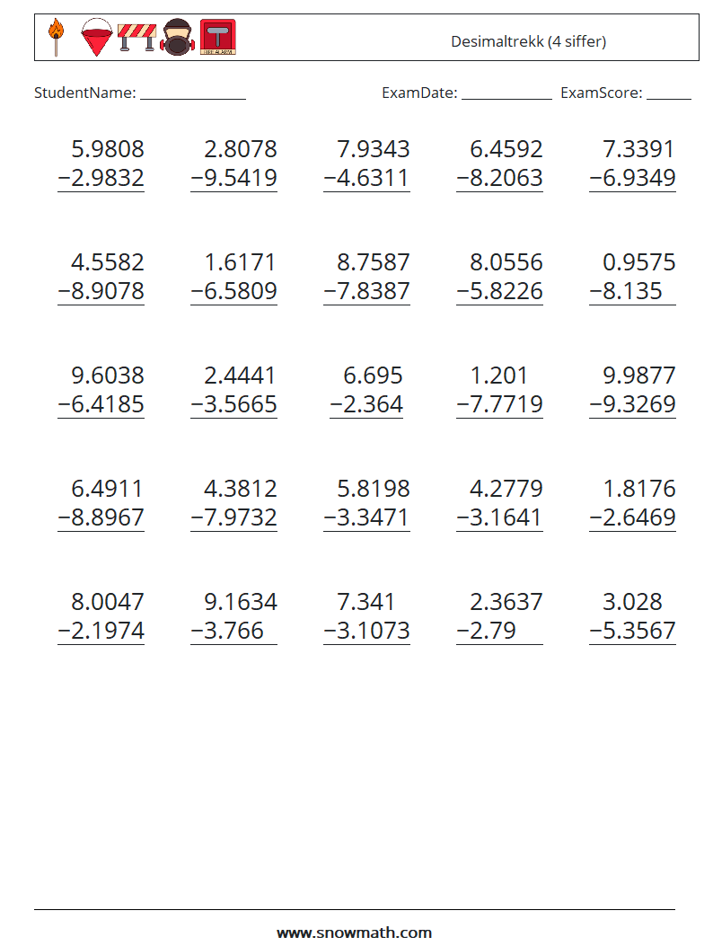 (25) Desimaltrekk (4 siffer) MathWorksheets 6