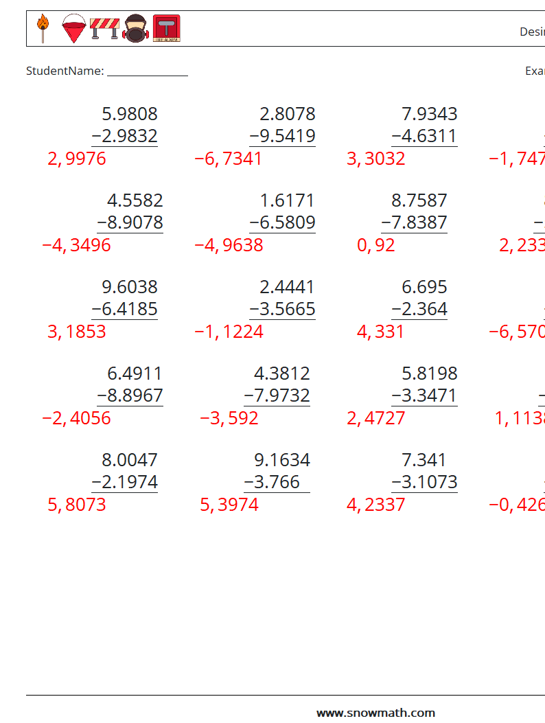 (25) Desimaltrekk (4 siffer) MathWorksheets 6 QuestionAnswer