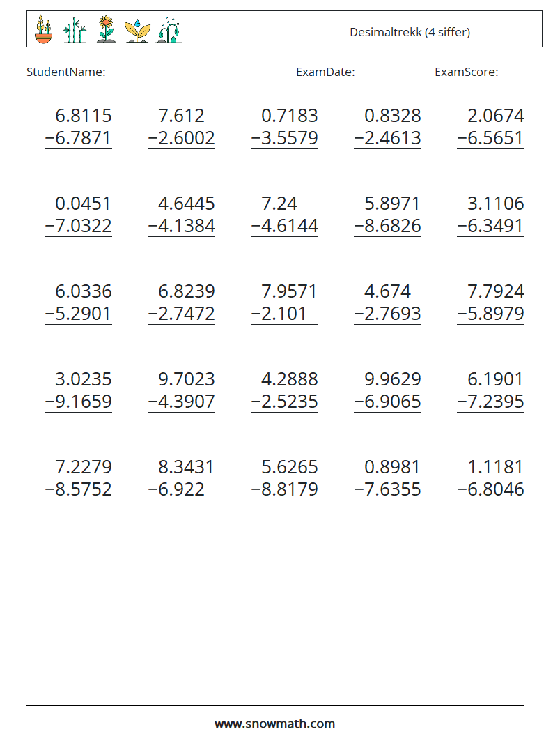 (25) Desimaltrekk (4 siffer) MathWorksheets 7