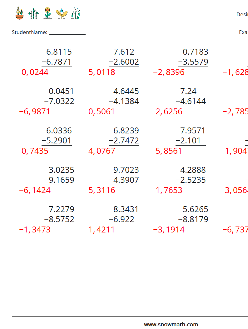 (25) Desimaltrekk (4 siffer) MathWorksheets 7 QuestionAnswer