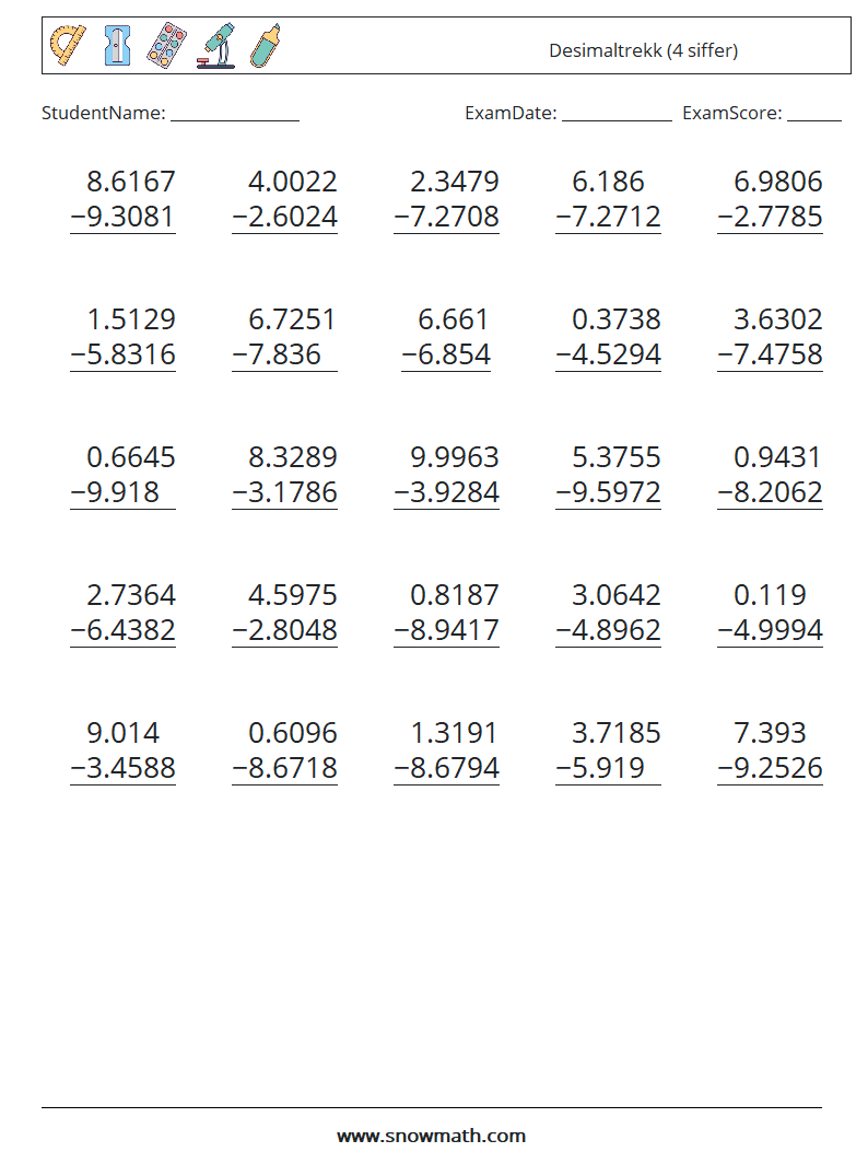 (25) Desimaltrekk (4 siffer) MathWorksheets 8