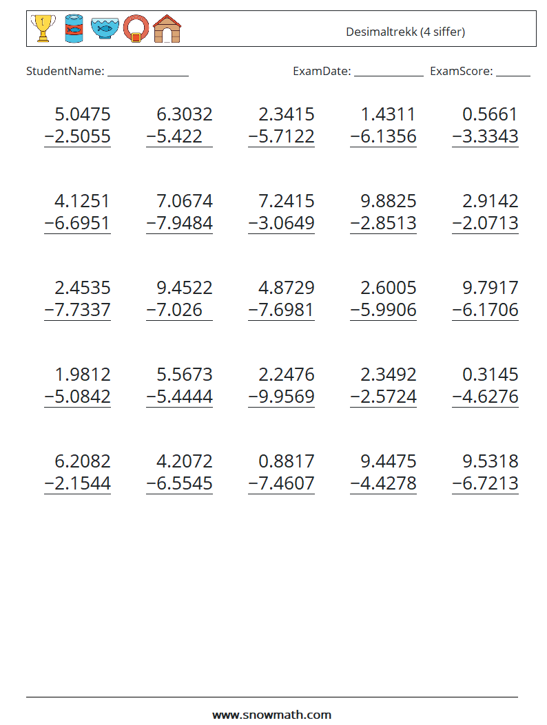 (25) Desimaltrekk (4 siffer) MathWorksheets 9