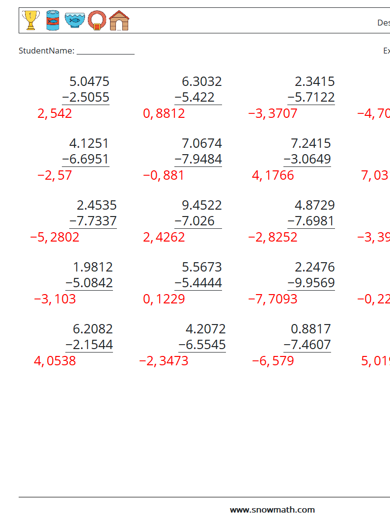 (25) Desimaltrekk (4 siffer) MathWorksheets 9 QuestionAnswer