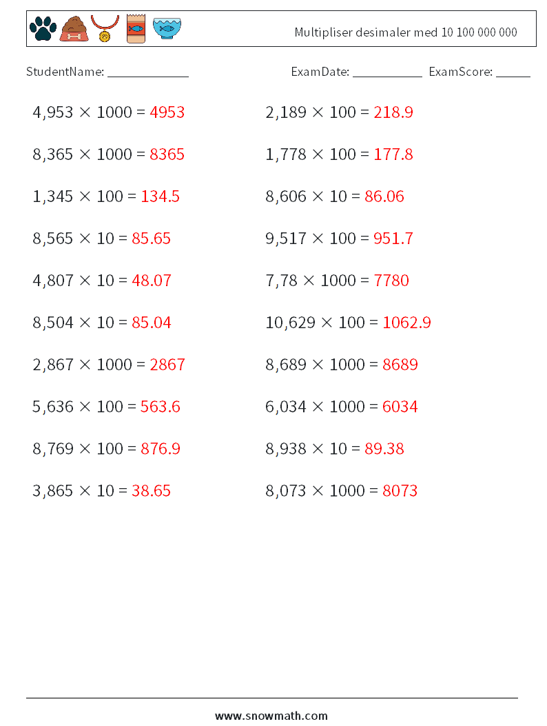 Multipliser desimaler med 10 100 000 000 MathWorksheets 10 QuestionAnswer