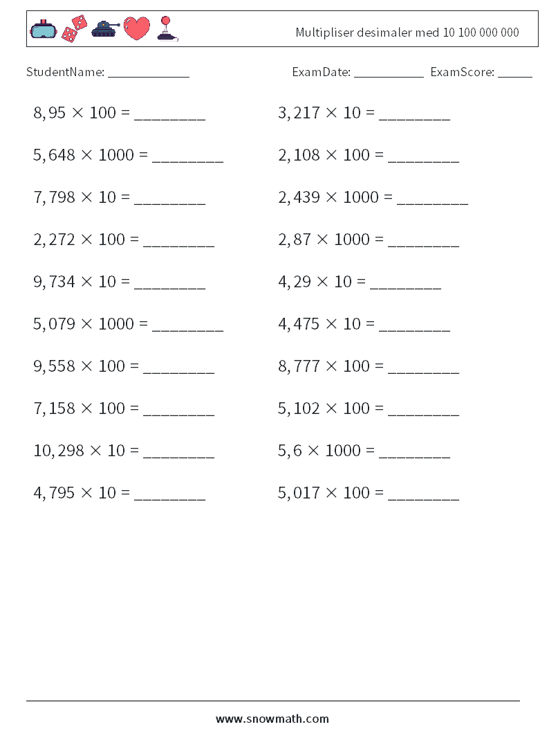 Multipliser desimaler med 10 100 000 000 MathWorksheets 11