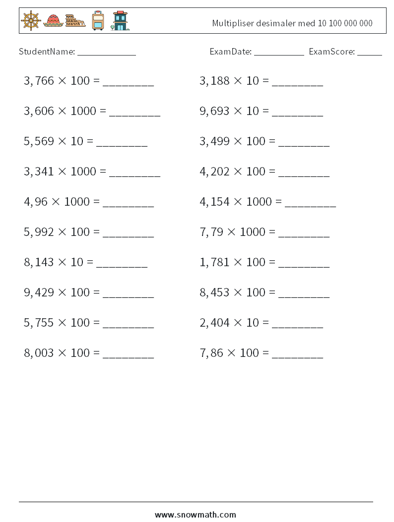 Multipliser desimaler med 10 100 000 000 MathWorksheets 12