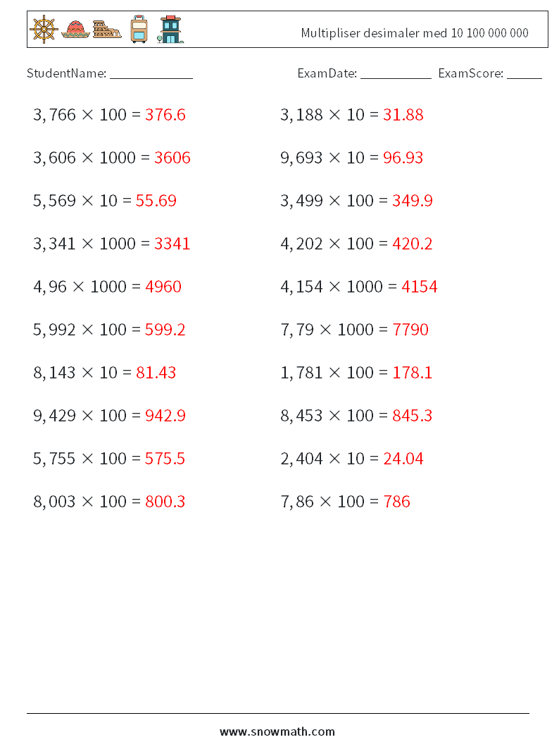 Multipliser desimaler med 10 100 000 000 MathWorksheets 12 QuestionAnswer