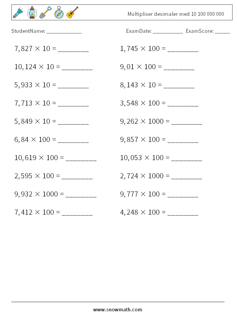 Multipliser desimaler med 10 100 000 000 MathWorksheets 13