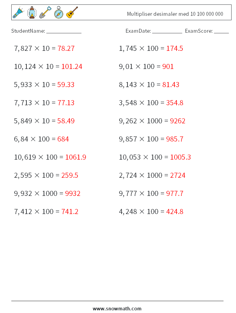 Multipliser desimaler med 10 100 000 000 MathWorksheets 13 QuestionAnswer