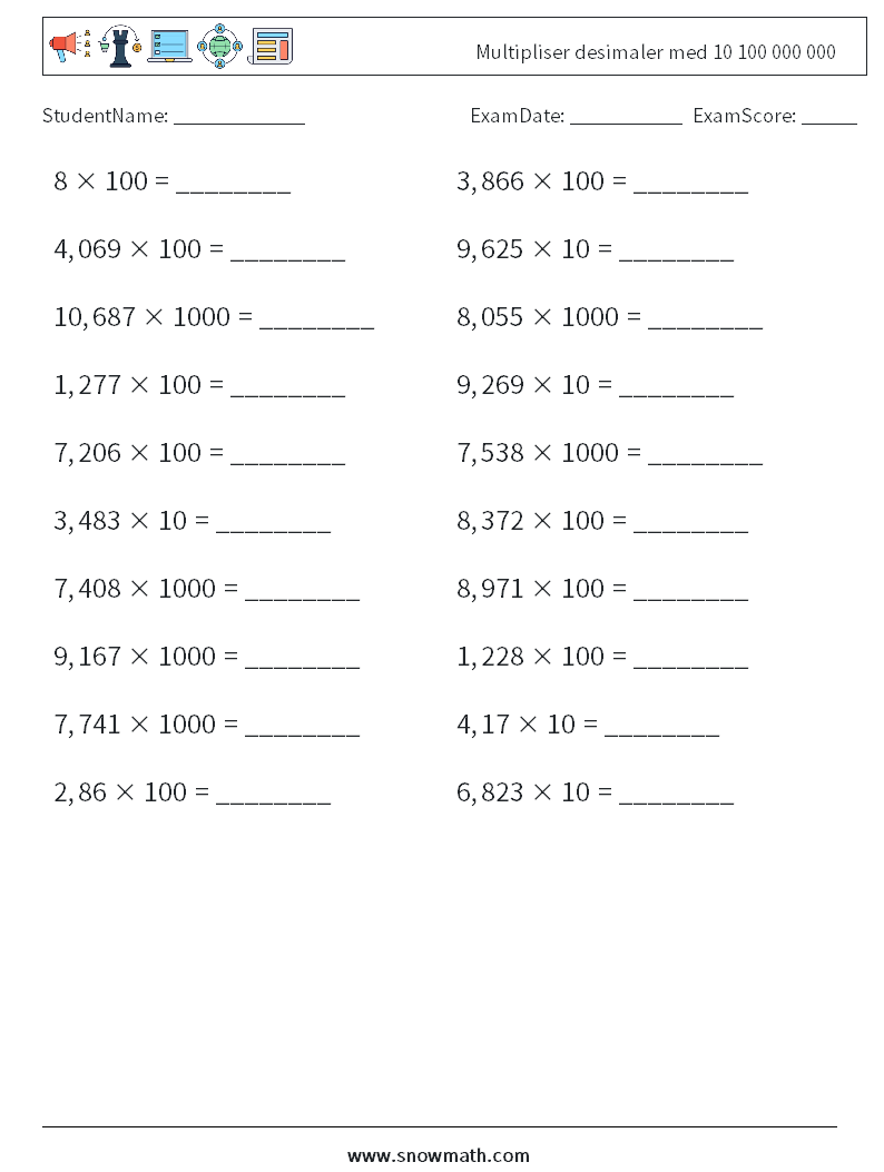 Multipliser desimaler med 10 100 000 000 MathWorksheets 14