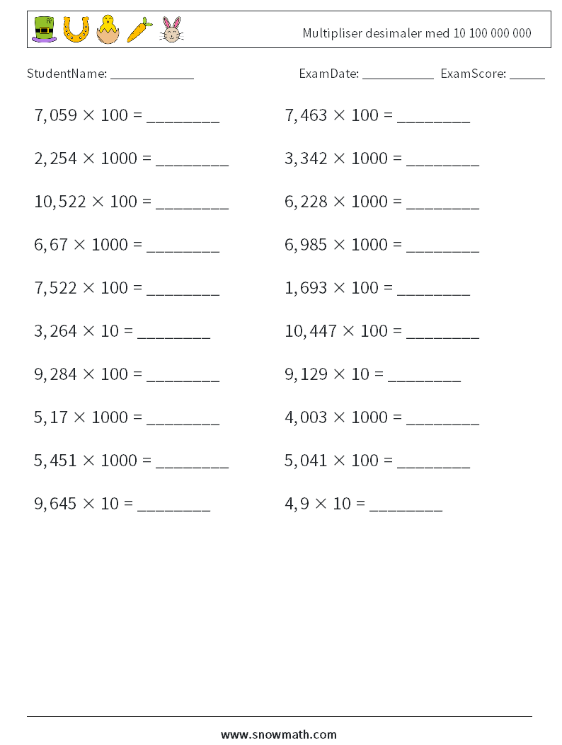 Multipliser desimaler med 10 100 000 000 MathWorksheets 15