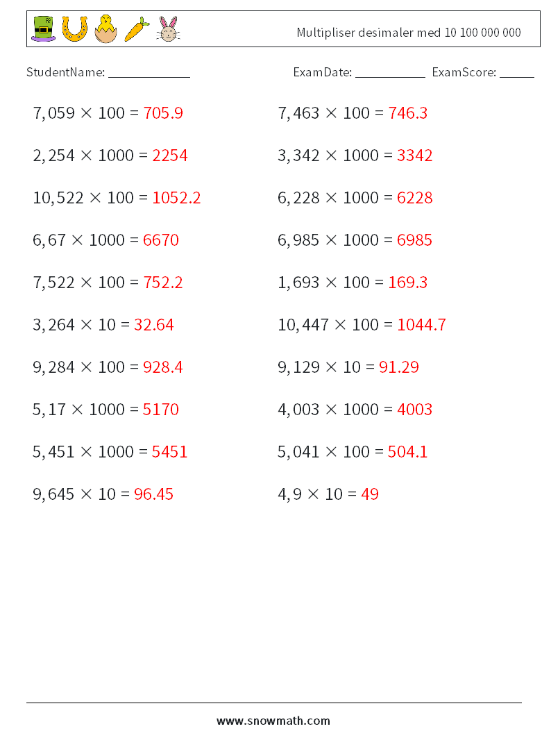 Multipliser desimaler med 10 100 000 000 MathWorksheets 15 QuestionAnswer