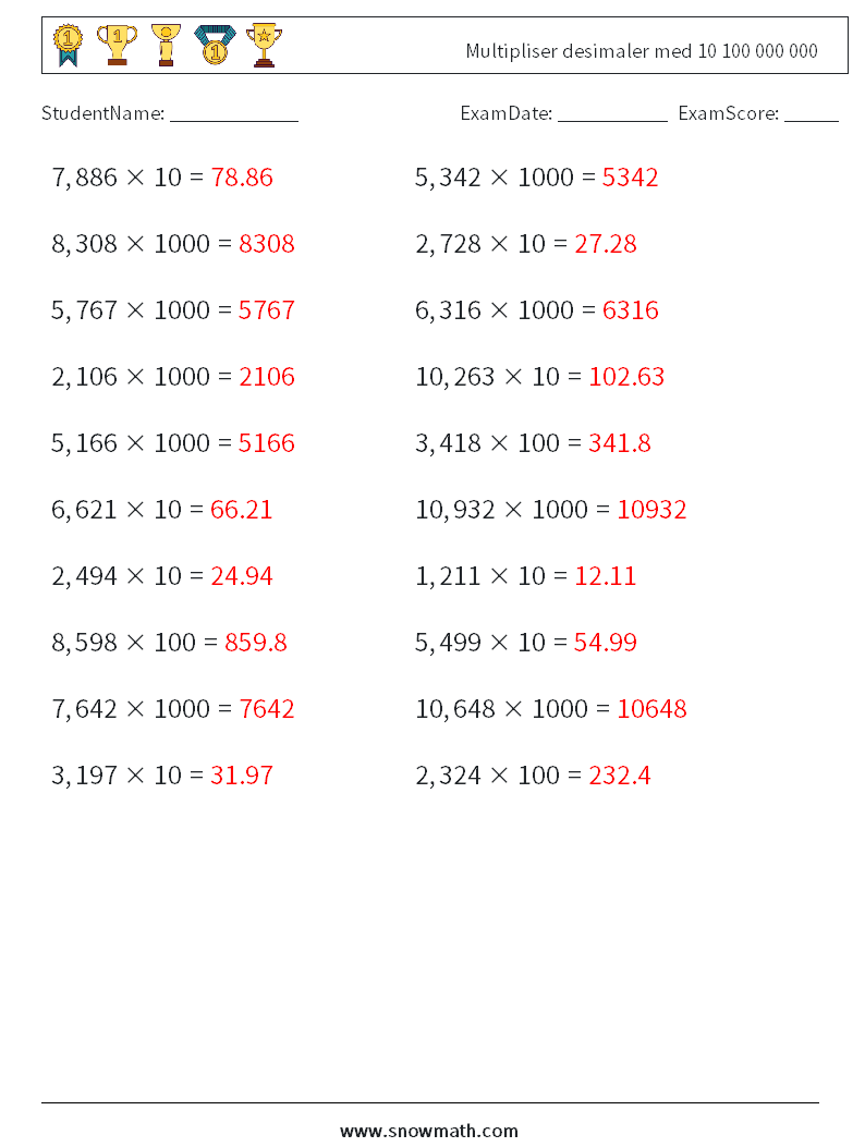 Multipliser desimaler med 10 100 000 000 MathWorksheets 16 QuestionAnswer