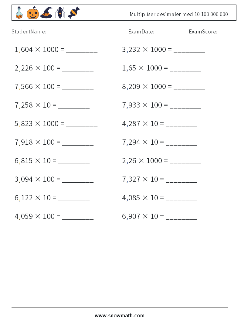 Multipliser desimaler med 10 100 000 000 MathWorksheets 2