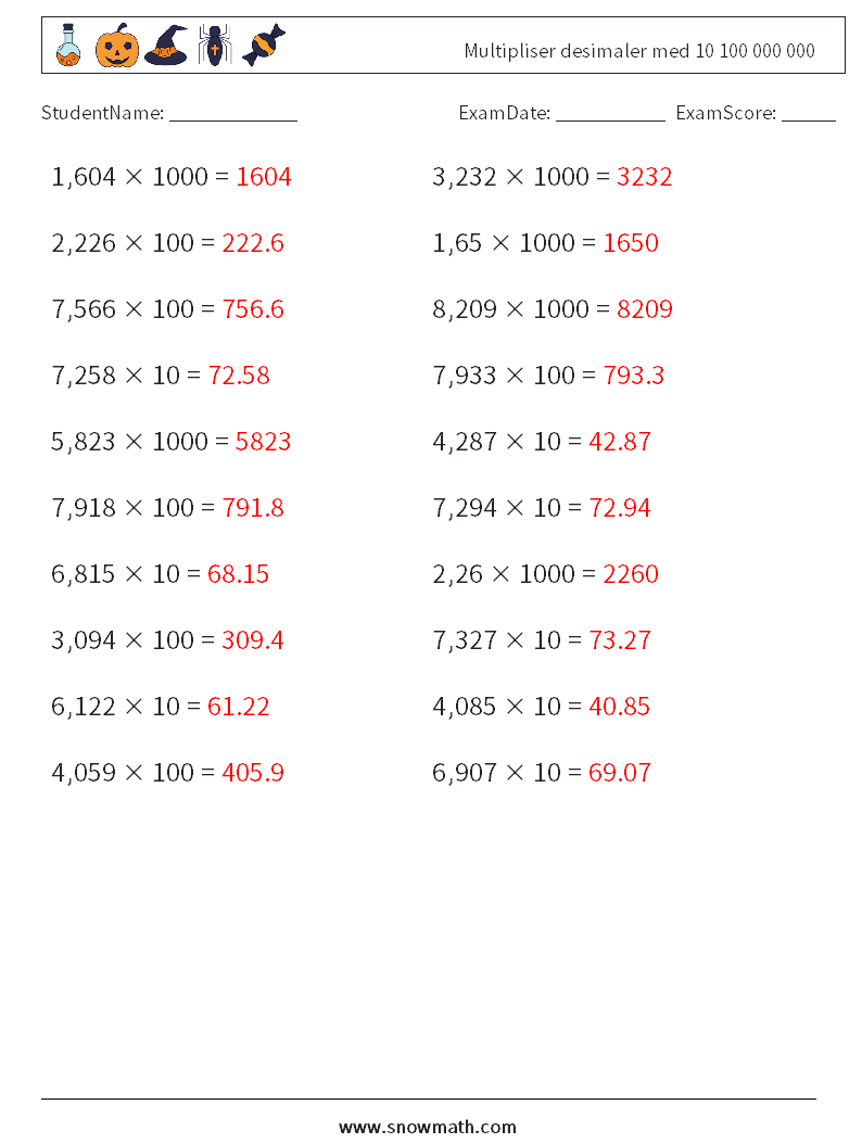 Multipliser desimaler med 10 100 000 000 MathWorksheets 2 QuestionAnswer