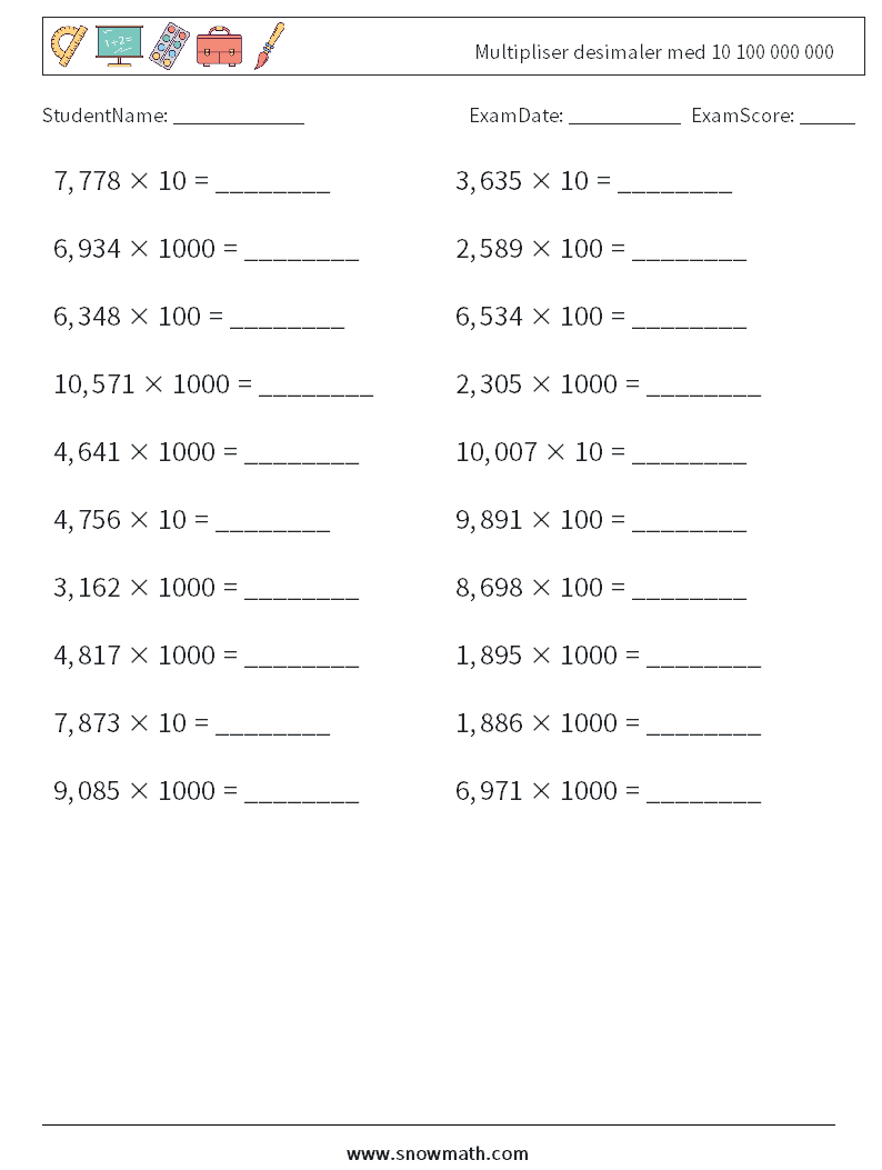 Multipliser desimaler med 10 100 000 000 MathWorksheets 3