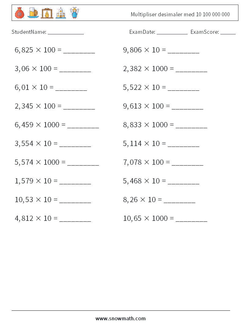 Multipliser desimaler med 10 100 000 000 MathWorksheets 4