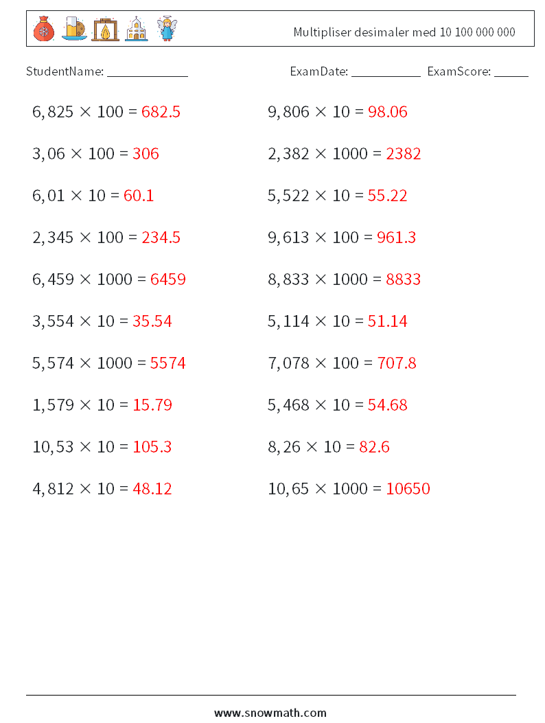 Multipliser desimaler med 10 100 000 000 MathWorksheets 4 QuestionAnswer