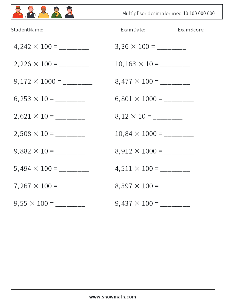 Multipliser desimaler med 10 100 000 000 MathWorksheets 5