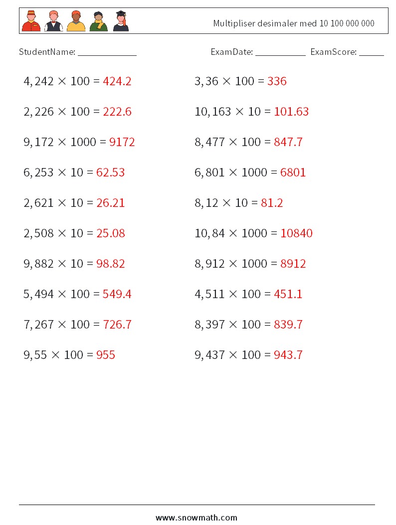 Multipliser desimaler med 10 100 000 000 MathWorksheets 5 QuestionAnswer