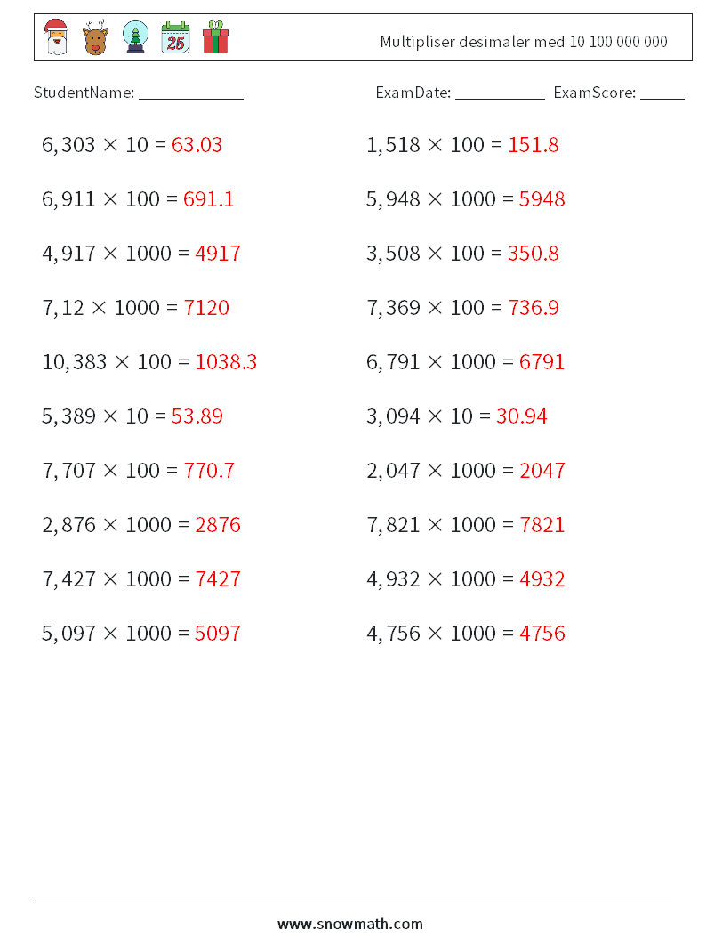 Multipliser desimaler med 10 100 000 000 MathWorksheets 6 QuestionAnswer