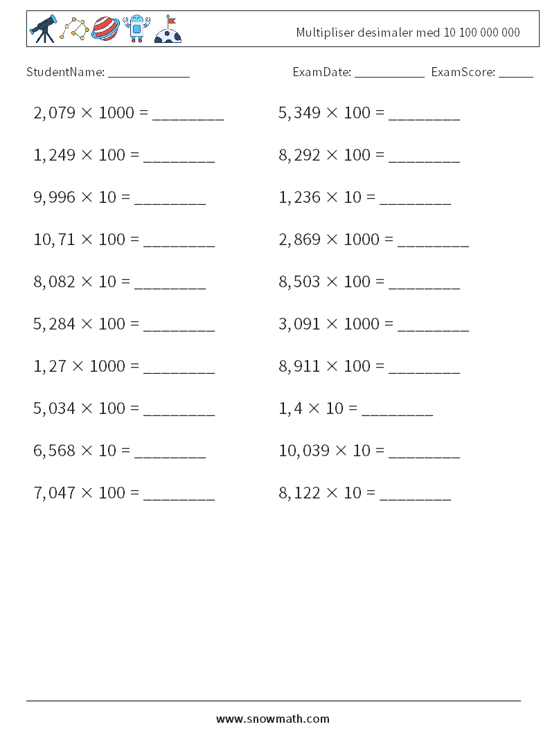 Multipliser desimaler med 10 100 000 000 MathWorksheets 7