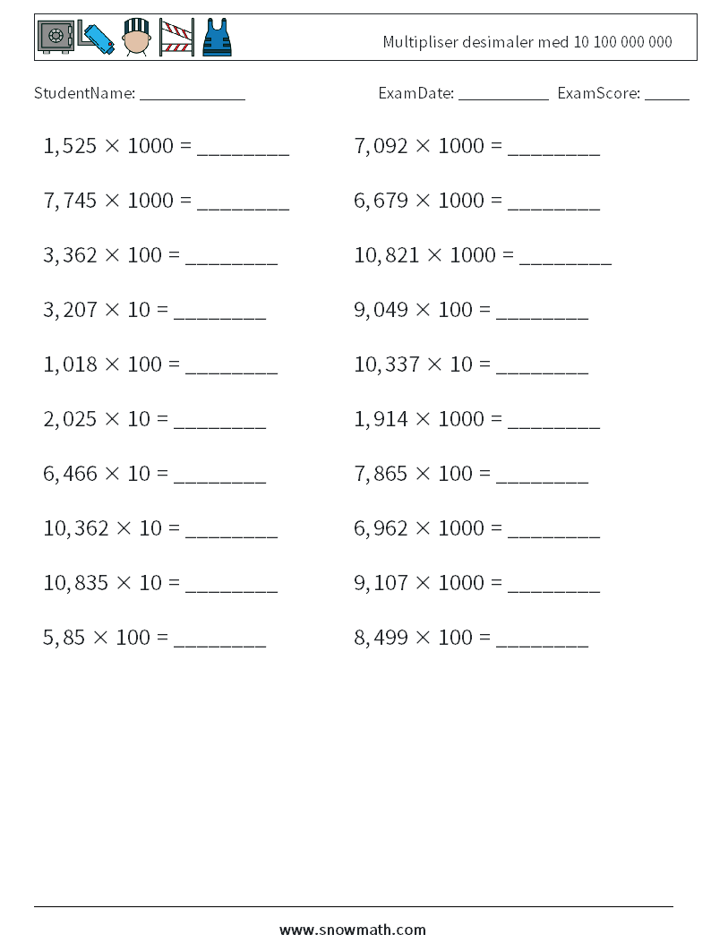 Multipliser desimaler med 10 100 000 000 MathWorksheets 8