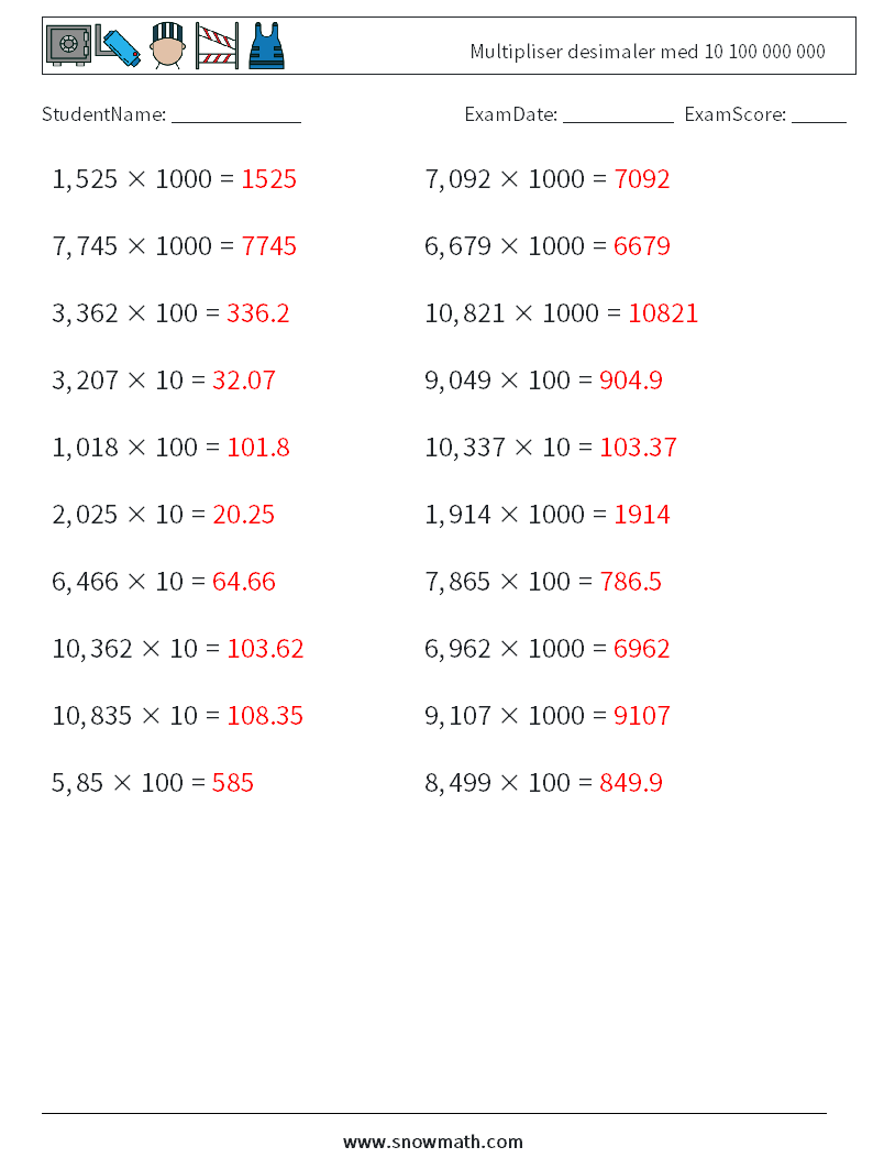 Multipliser desimaler med 10 100 000 000 MathWorksheets 8 QuestionAnswer
