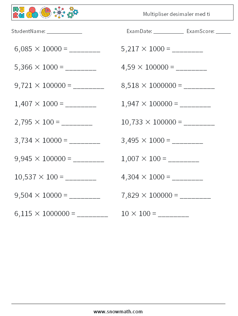 Multipliser desimaler med ti MathWorksheets 1