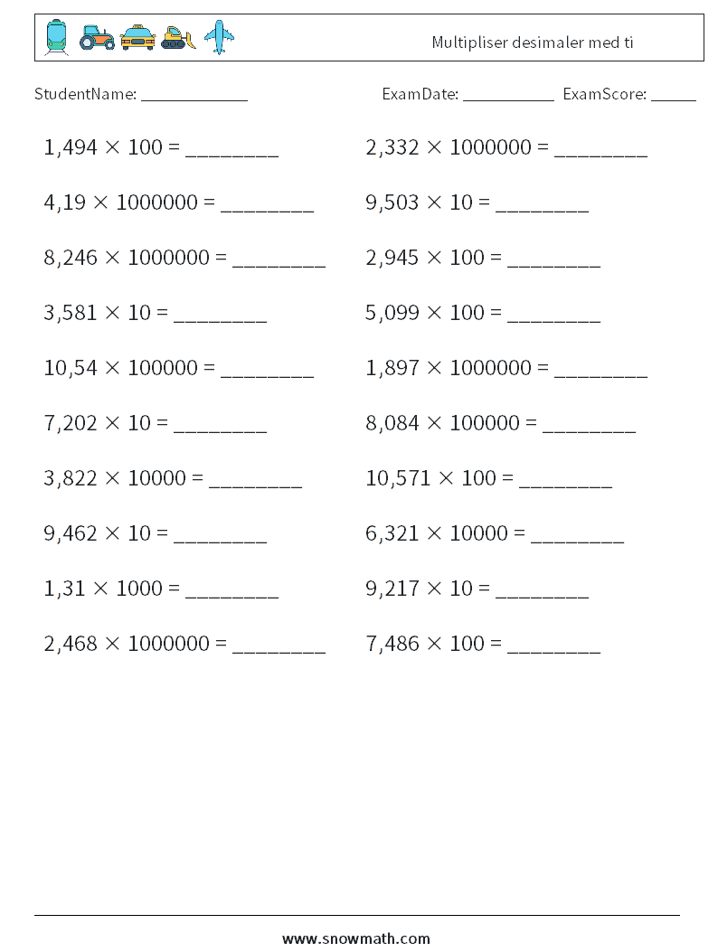 Multipliser desimaler med ti MathWorksheets 10