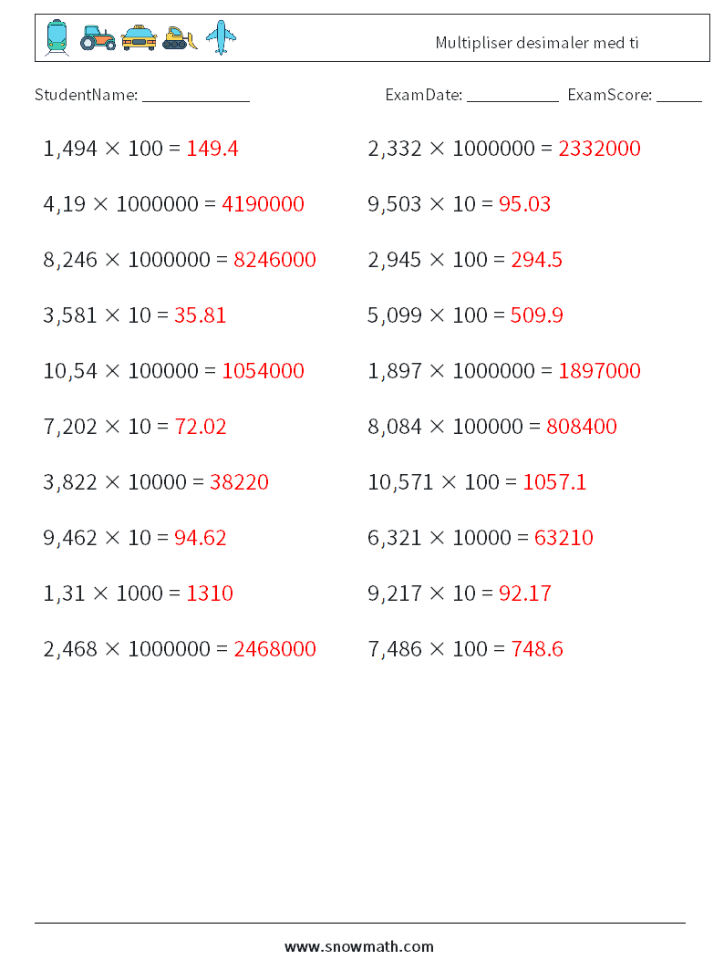 Multipliser desimaler med ti MathWorksheets 10 QuestionAnswer