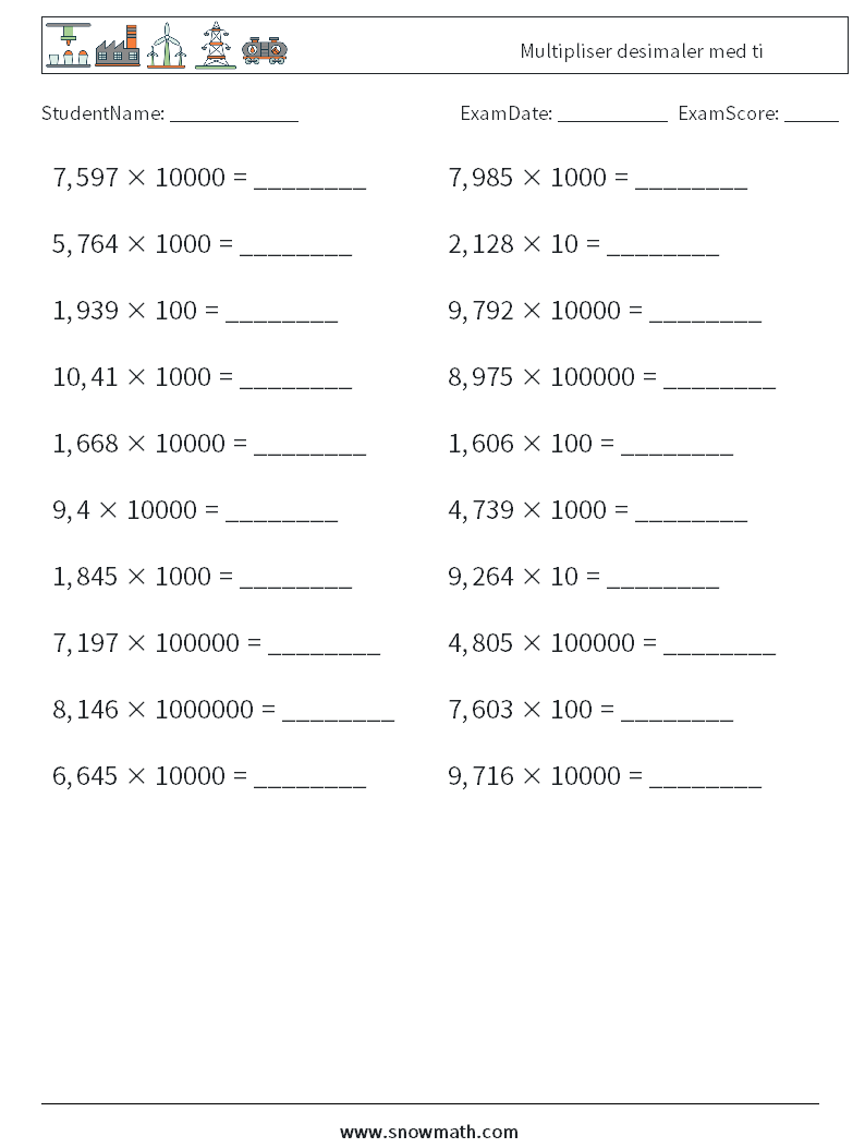 Multipliser desimaler med ti MathWorksheets 11