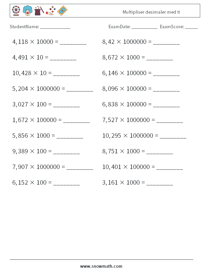 Multipliser desimaler med ti MathWorksheets 12