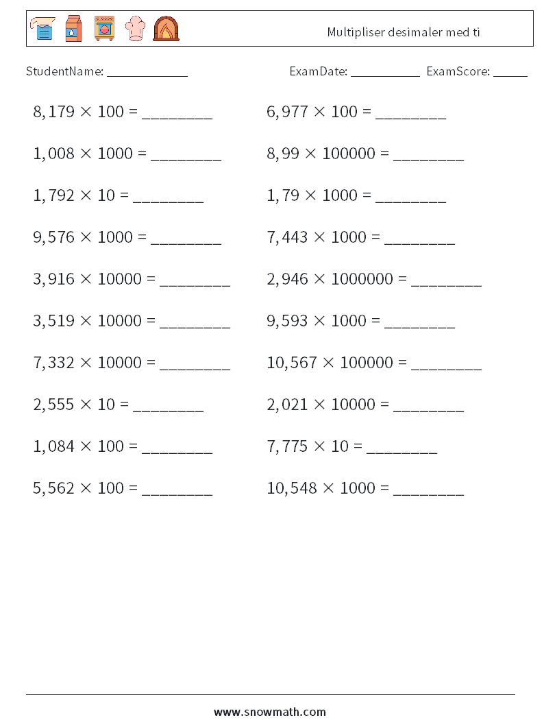 Multipliser desimaler med ti MathWorksheets 13