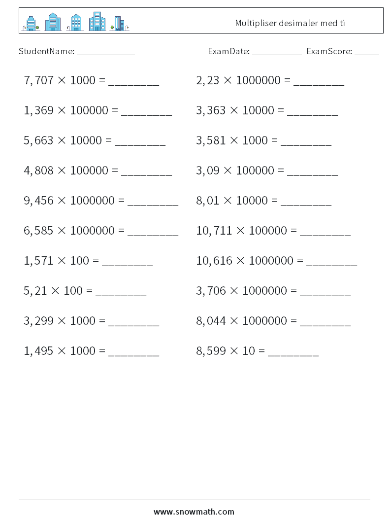 Multipliser desimaler med ti MathWorksheets 15