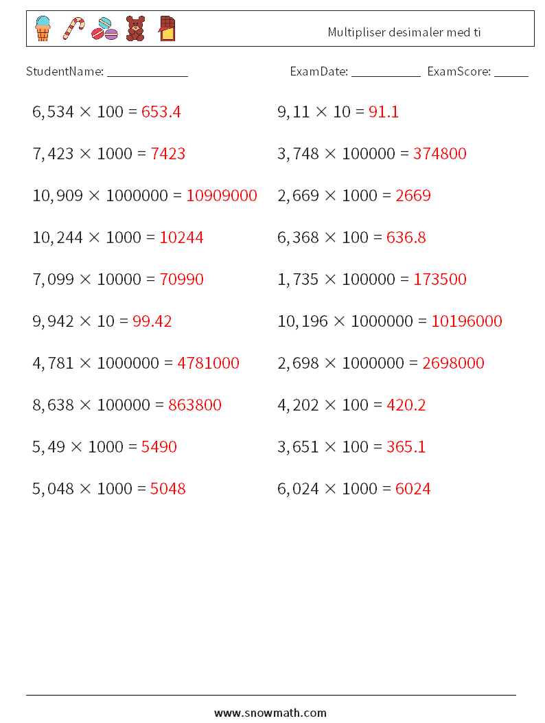Multipliser desimaler med ti MathWorksheets 16 QuestionAnswer