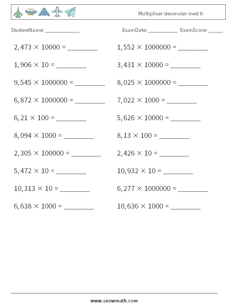 Multipliser desimaler med ti MathWorksheets 17