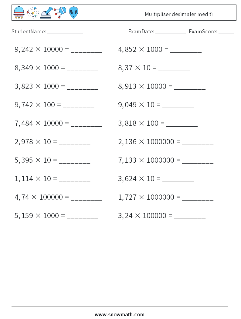 Multipliser desimaler med ti MathWorksheets 18