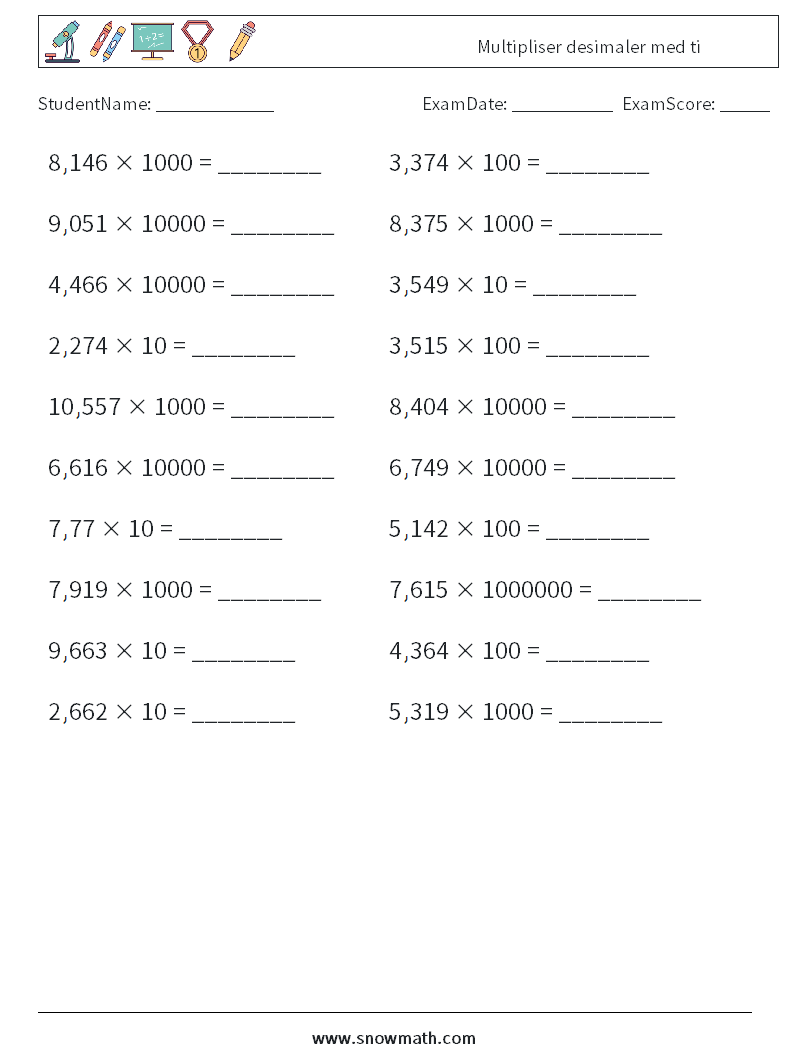 Multipliser desimaler med ti MathWorksheets 2