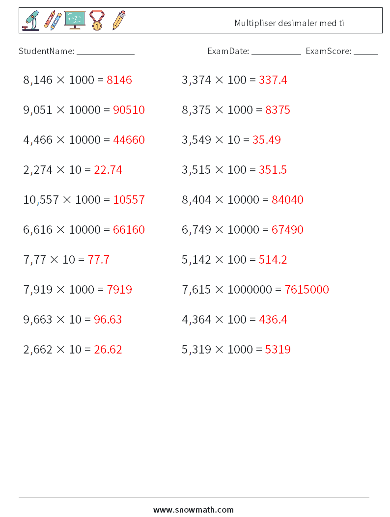 Multipliser desimaler med ti MathWorksheets 2 QuestionAnswer