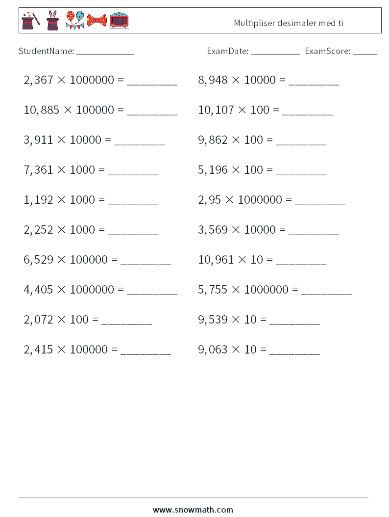 Multipliser desimaler med ti MathWorksheets 4