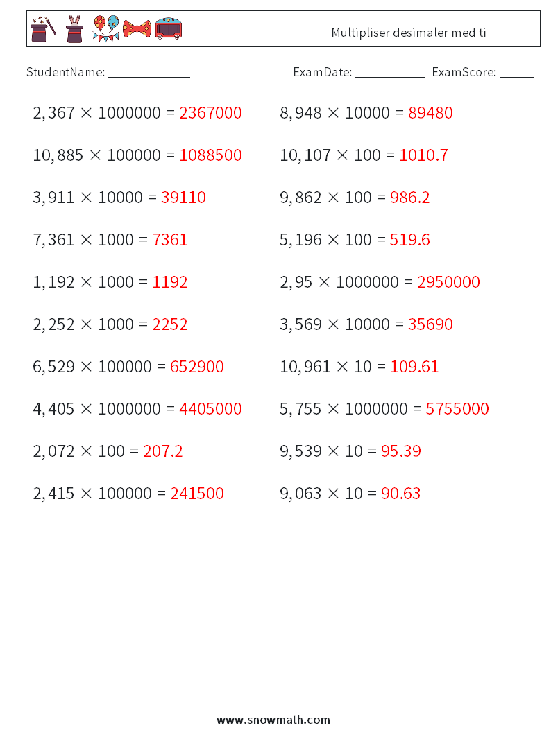 Multipliser desimaler med ti MathWorksheets 4 QuestionAnswer