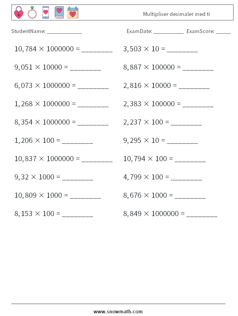 Multipliser desimaler med ti MathWorksheets 5