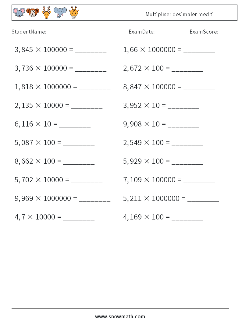 Multipliser desimaler med ti MathWorksheets 6