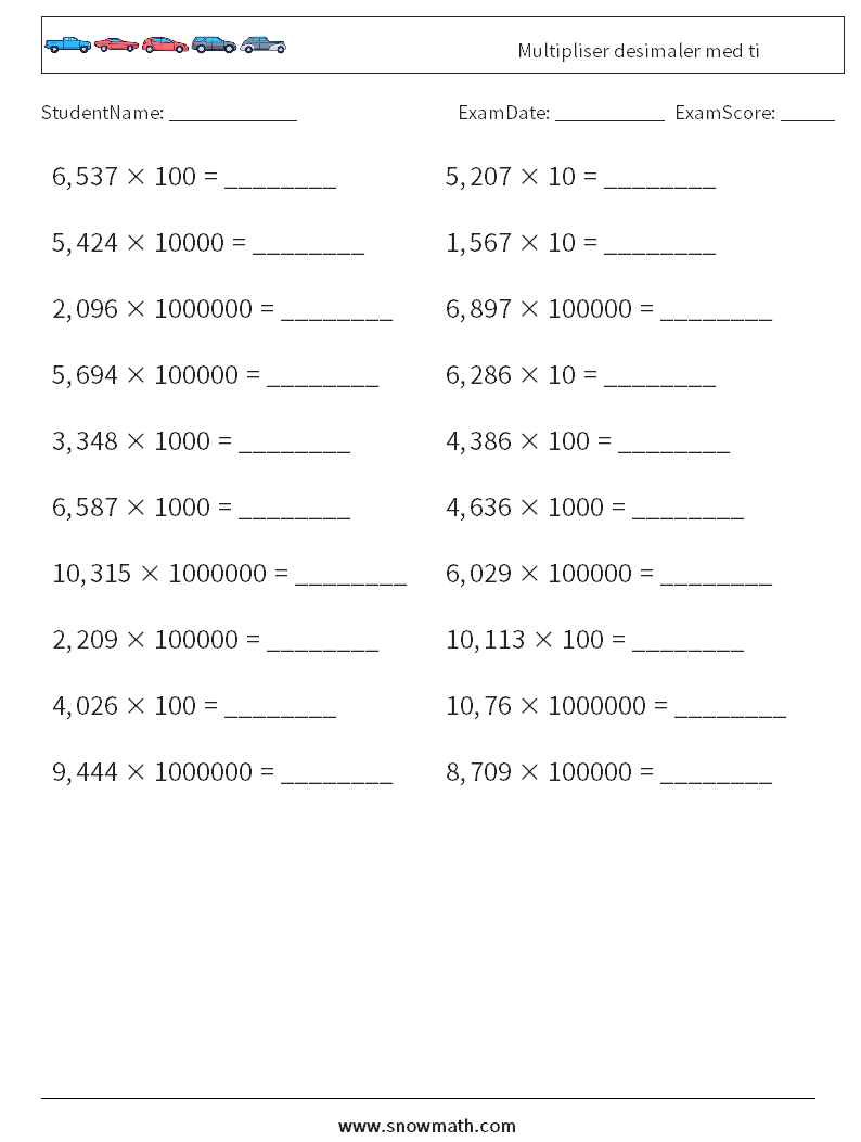 Multipliser desimaler med ti MathWorksheets 7