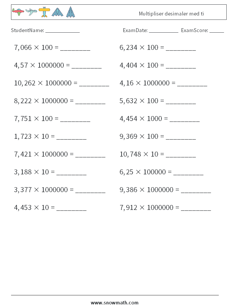 Multipliser desimaler med ti MathWorksheets 8