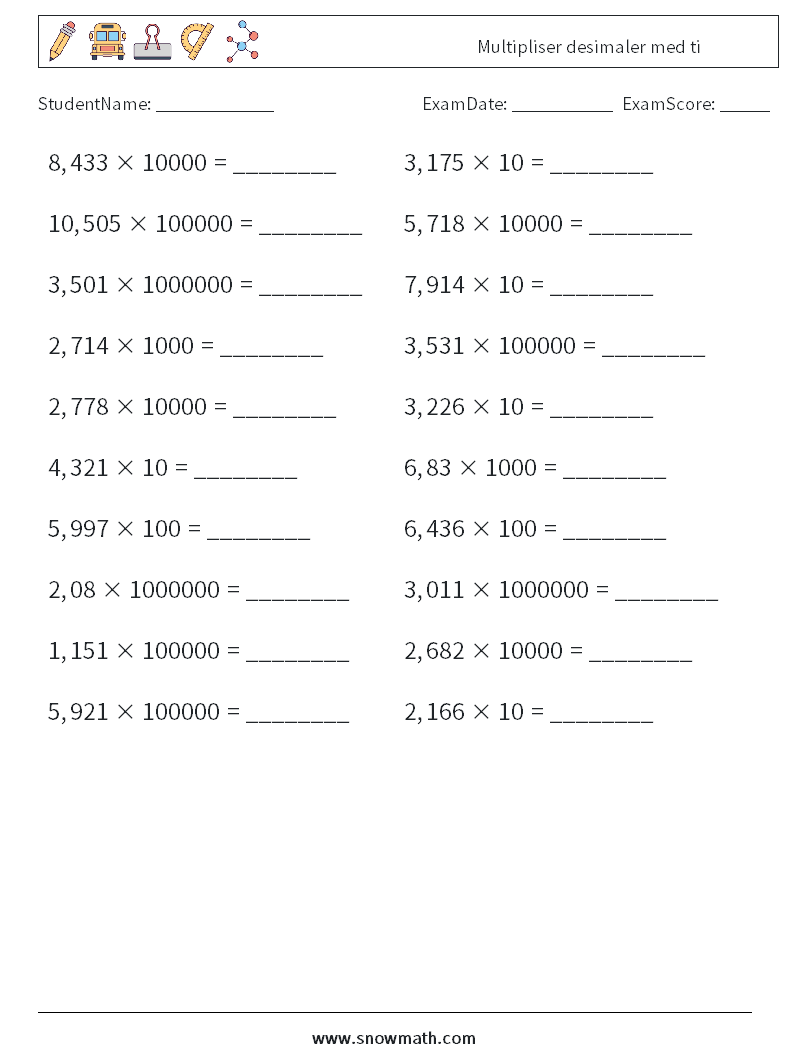 Multipliser desimaler med ti MathWorksheets 9