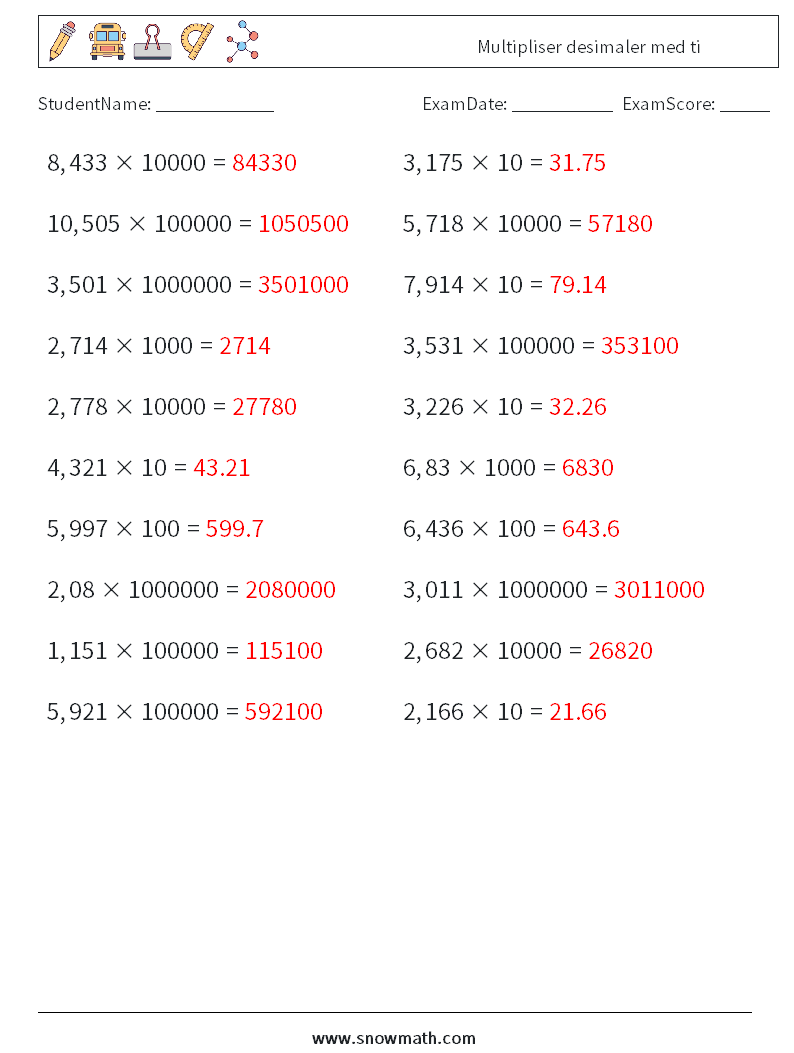 Multipliser desimaler med ti MathWorksheets 9 QuestionAnswer