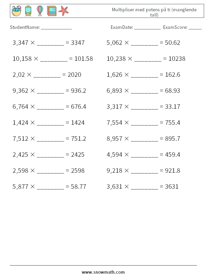 Multipliser med potens på ti (manglende tall) MathWorksheets 1