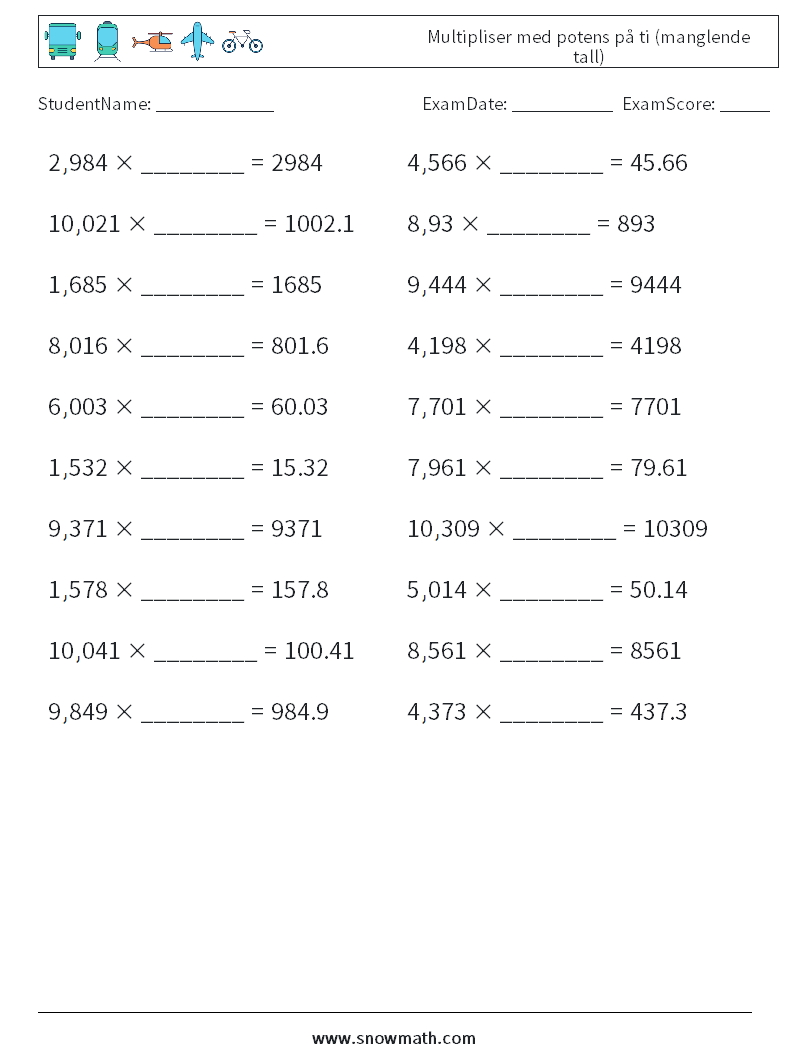 Multipliser med potens på ti (manglende tall) MathWorksheets 10